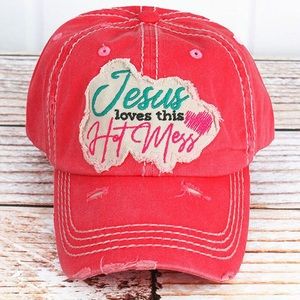 Distressed Salmon ‘Jesus Loves This Hot Mess’ Cap